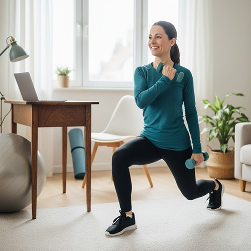 Femme faisant des fentes avec des haltères chez elle